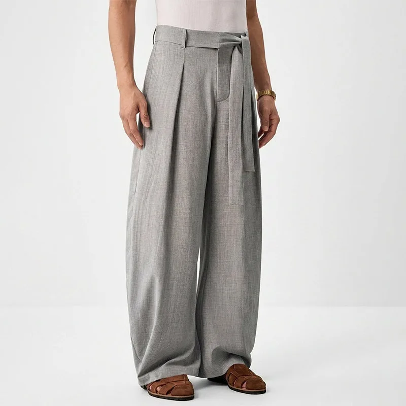 KIDWHXR Men Trousers Loose Mid Waist Breathable Male Suit Pant Vintage Pleated Straight Drawstring Business Casual Man Pant