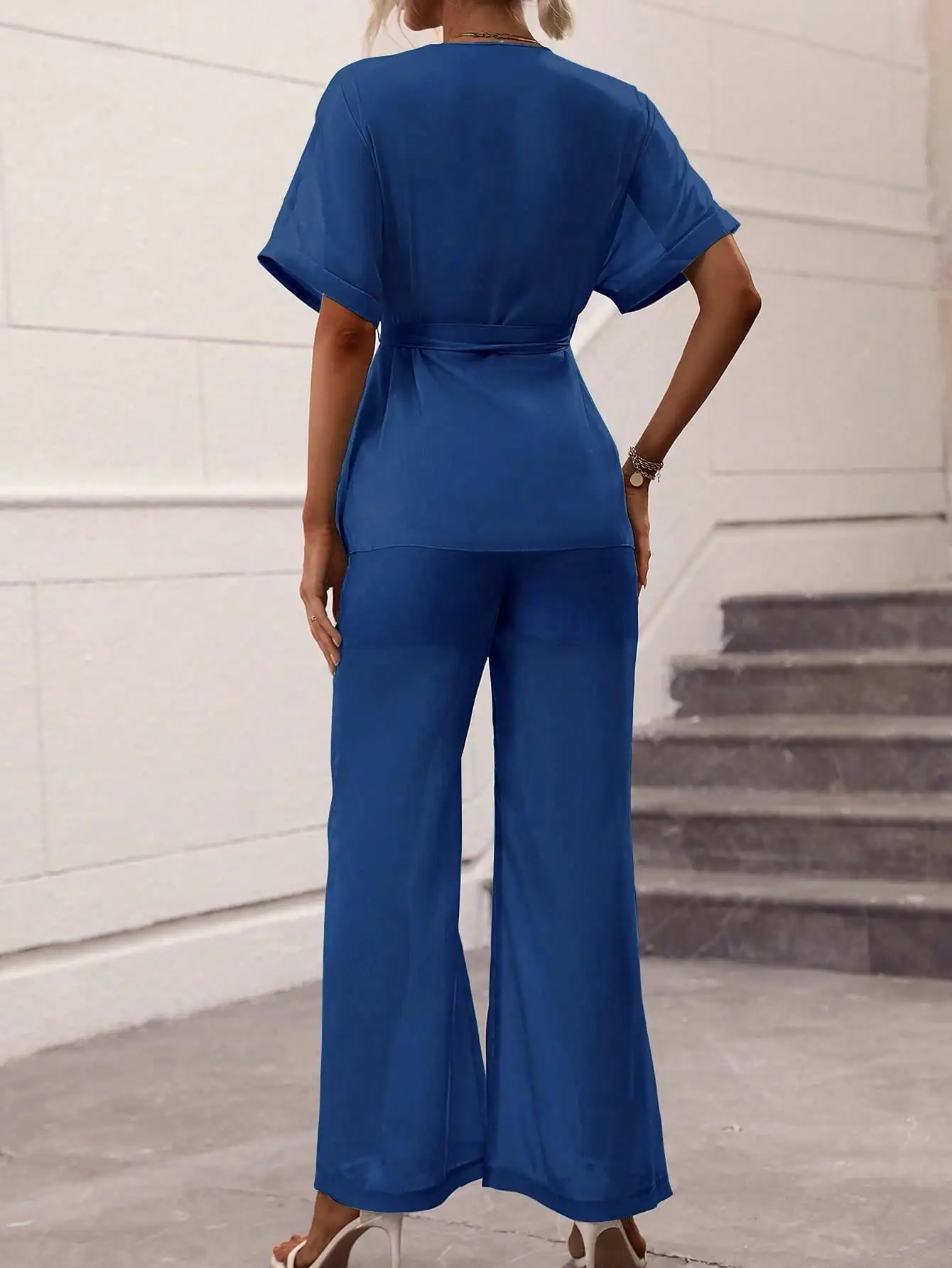 Women's 2-Piece Outfit, Elegant Wrap V-Neck Blouse and Wide Leg Pants, Casual Short Sleeve Loungewear Set For Ladies