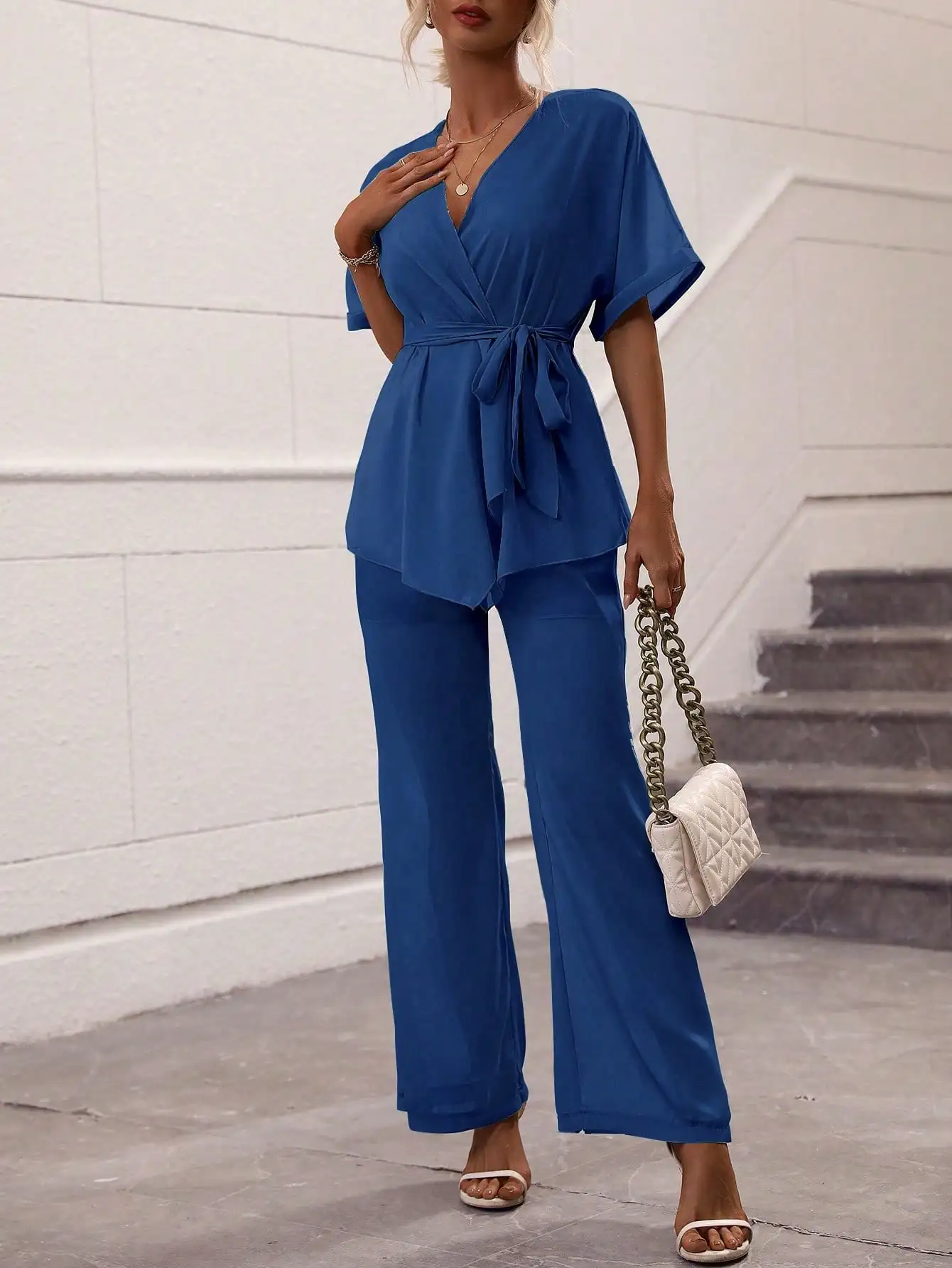 Women's 2-Piece Outfit, Elegant Wrap V-Neck Blouse and Wide Leg Pants, Casual Short Sleeve Loungewear Set For Ladies