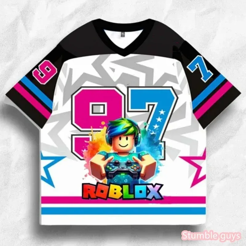 Roblox Game Character 3D Graphic V Neck T Shirt Summer Short Sleeve Tops for Boys Teen Gamer Sports Clothes
