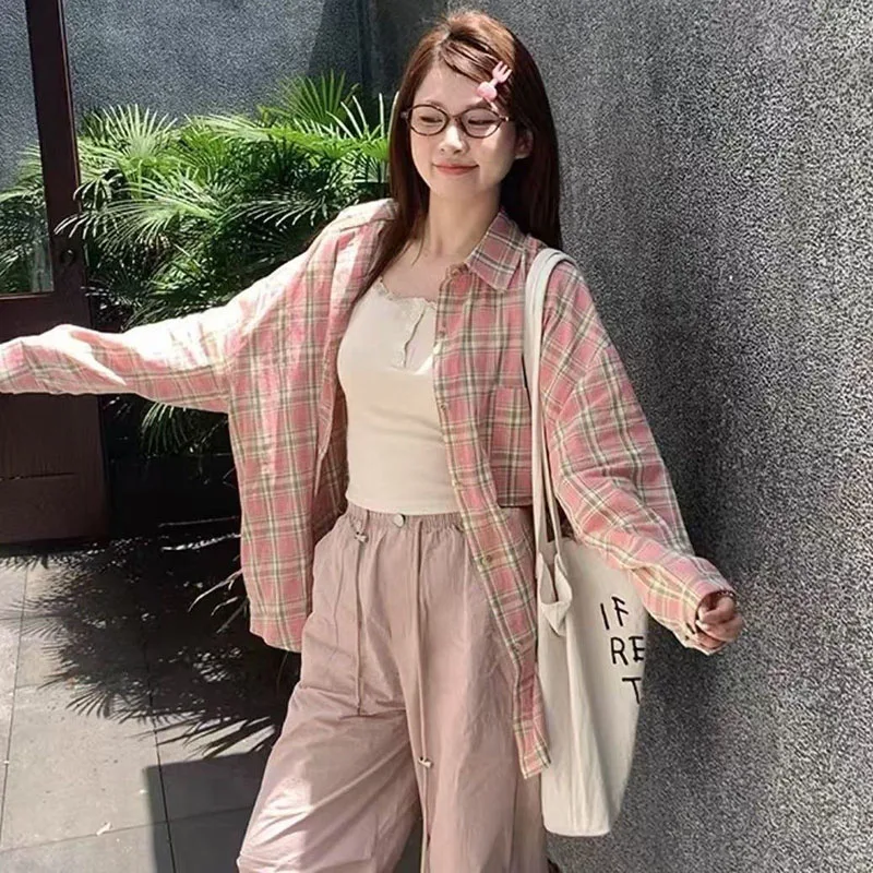 Harajuku Oversize Loose Plaid Shirts Female Lazy Style Long Sleeve Out Wear Casual Blouses Vintage All-match Students Shirt