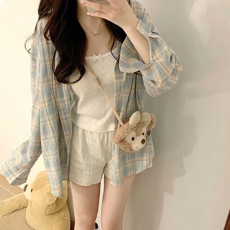 Harajuku Oversize Loose Plaid Shirts Female Lazy Style Long Sleeve Out Wear Casual Blouses Vintage All-match Students Shirt