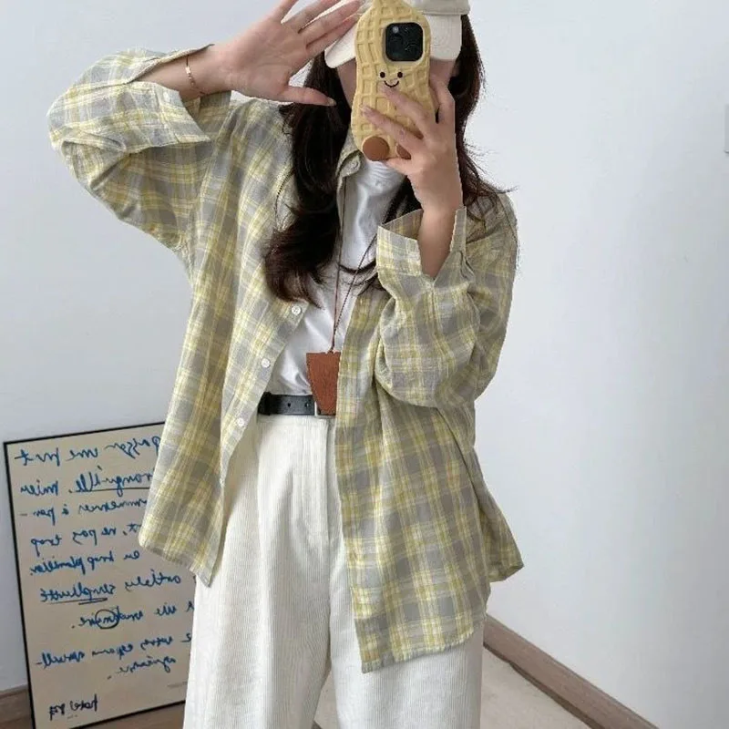 Harajuku Oversize Loose Plaid Shirts Female Lazy Style Long Sleeve Out Wear Casual Blouses Vintage All-match Students Shirt