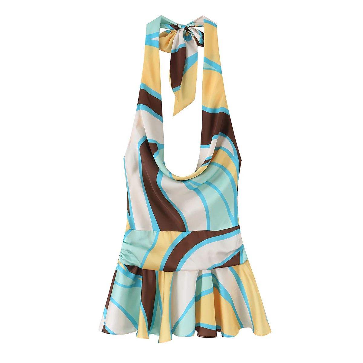 Women's Holiday Beach Printed Halter Mini Dress KONDALA 2026 Summer Trendy Backless Dress Lady Sexy Chic Party Super Short Dress