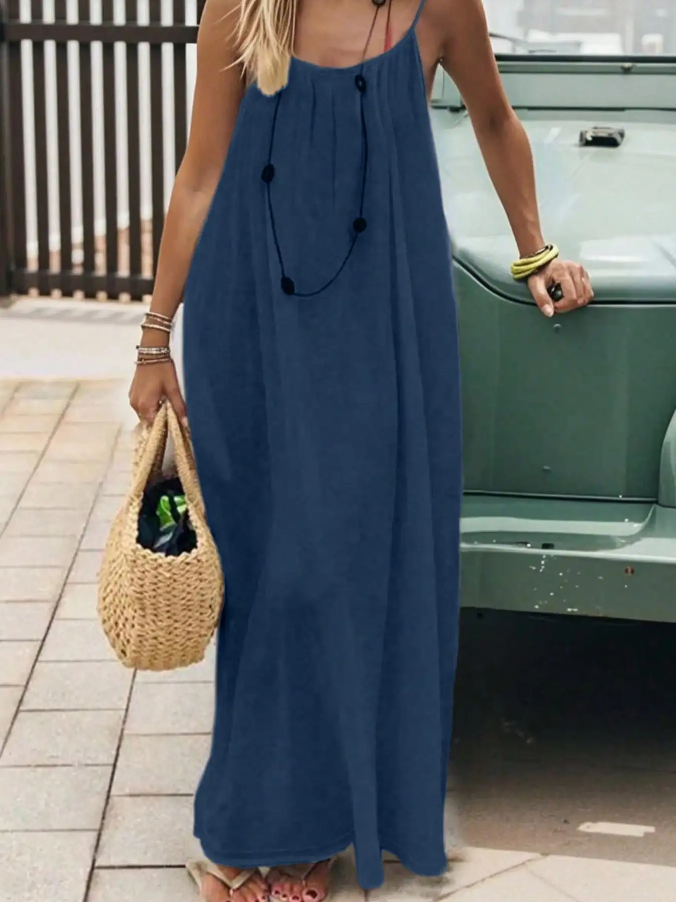 Large-Size Women's Pure-Color Backless Lace-Up Long Loose Casual Comfortable Camisole Dress
