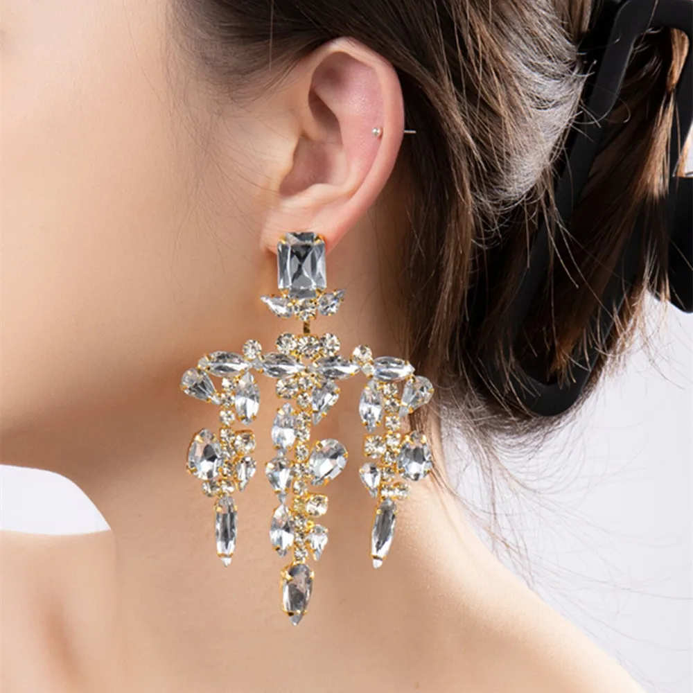 Women Bridal Wedding Earrings Vintage Crystal Rhinestone Chandelier Earrings Irregular Tassel Drop Earrings Party Statement Jewe
