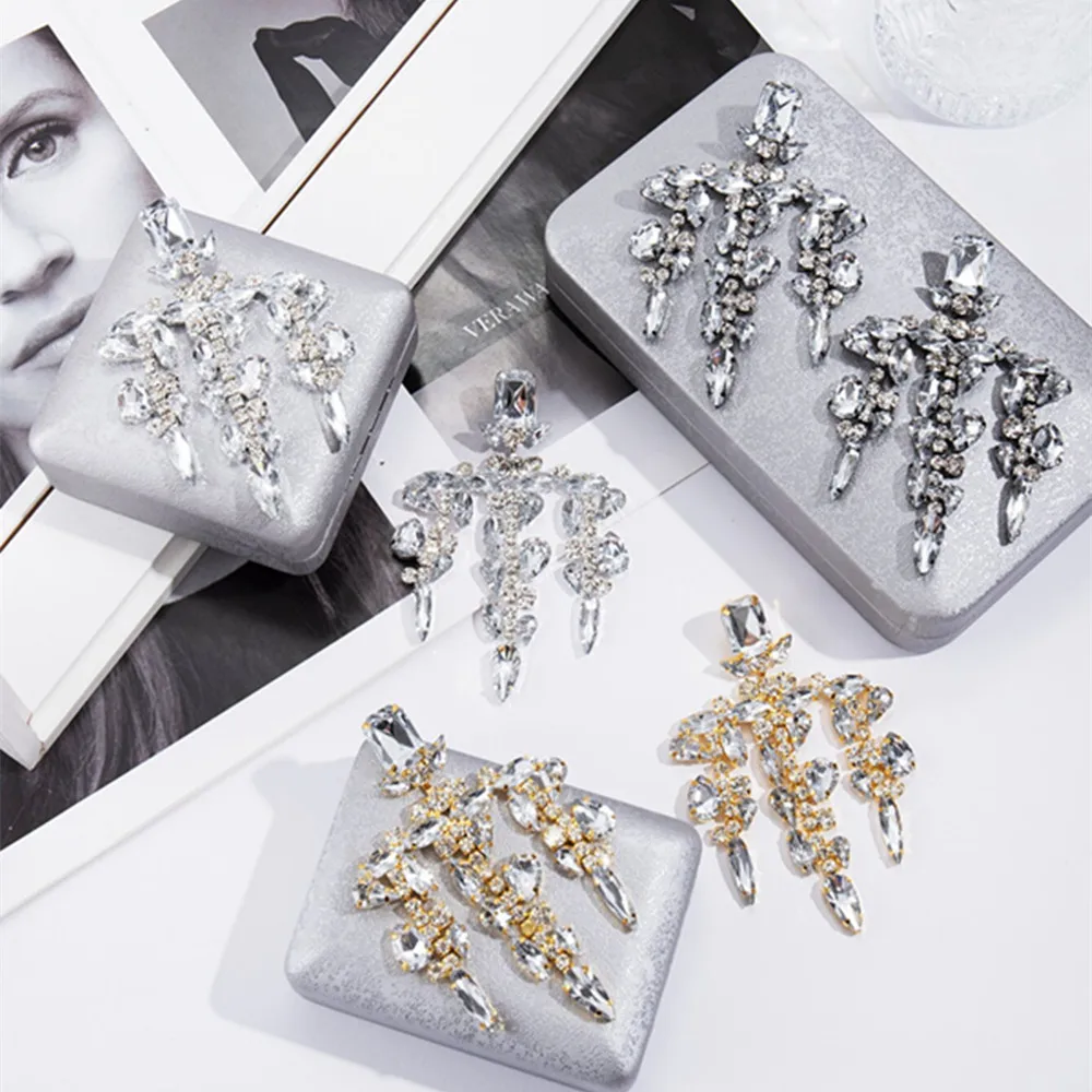 Women Bridal Wedding Earrings Vintage Crystal Rhinestone Chandelier Earrings Irregular Tassel Drop Earrings Party Statement Jewe