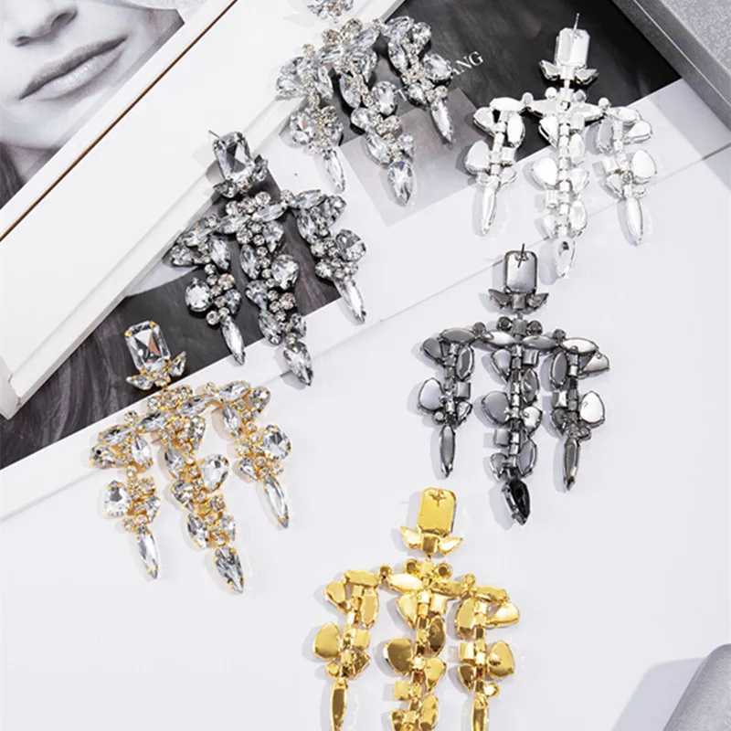 Women Bridal Wedding Earrings Vintage Crystal Rhinestone Chandelier Earrings Irregular Tassel Drop Earrings Party Statement Jewe
