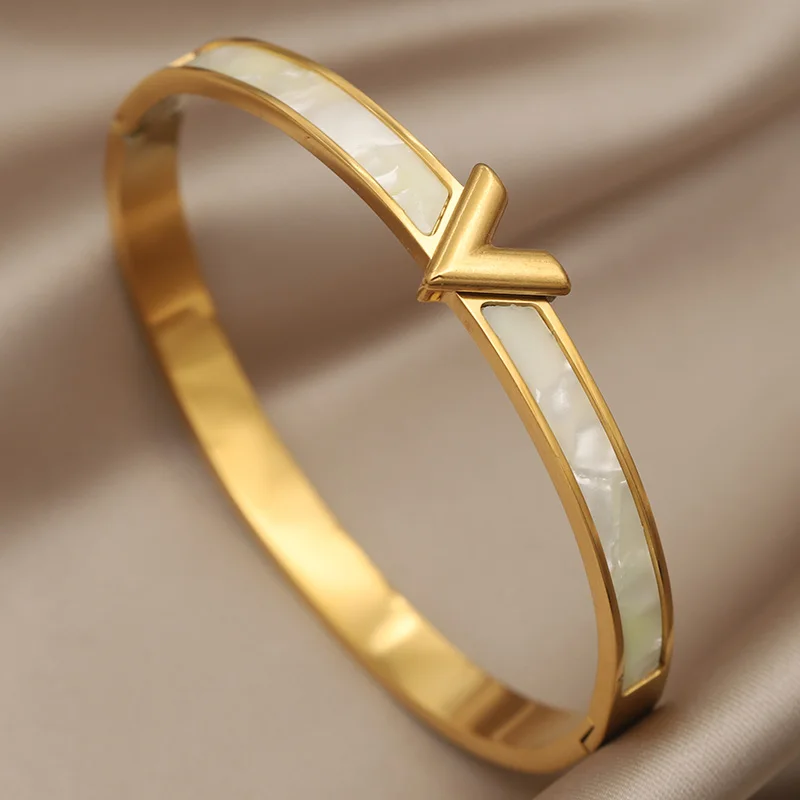 Stainless Steel Crystal Beads 18K PVD Plated Bracelets for Women Fashion Brand Jewelry Classic Elegant Hollow Golden Bangle