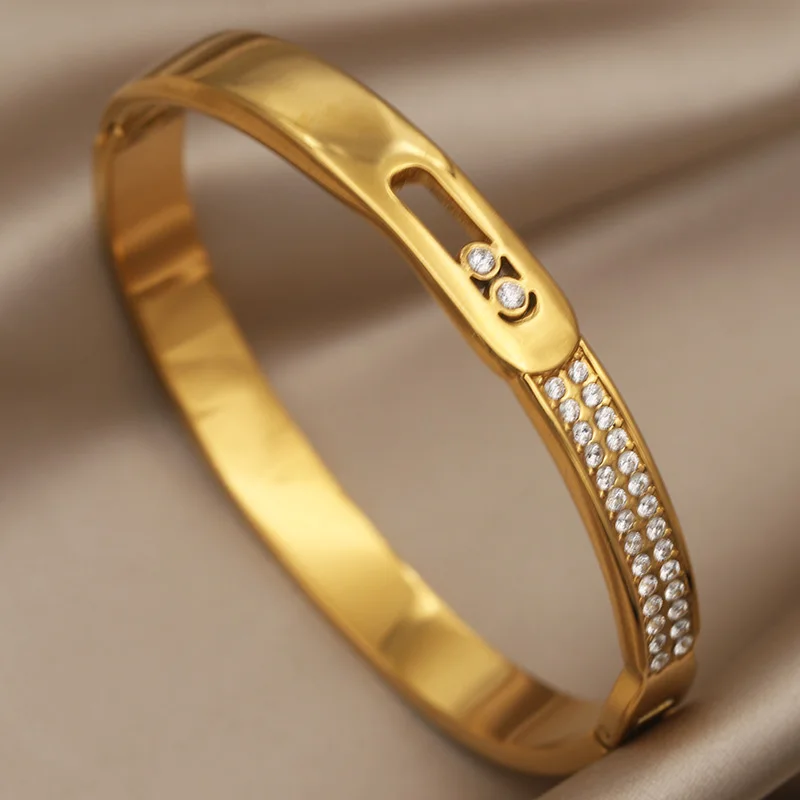 Stainless Steel Crystal Beads 18K PVD Plated Bracelets for Women Fashion Brand Jewelry Classic Elegant Hollow Golden Bangle