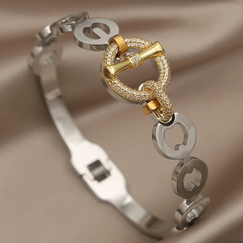 Stainless Steel Crystal Beads 18K PVD Plated Bracelets for Women Fashion Brand Jewelry Classic Elegant Hollow Golden Bangle