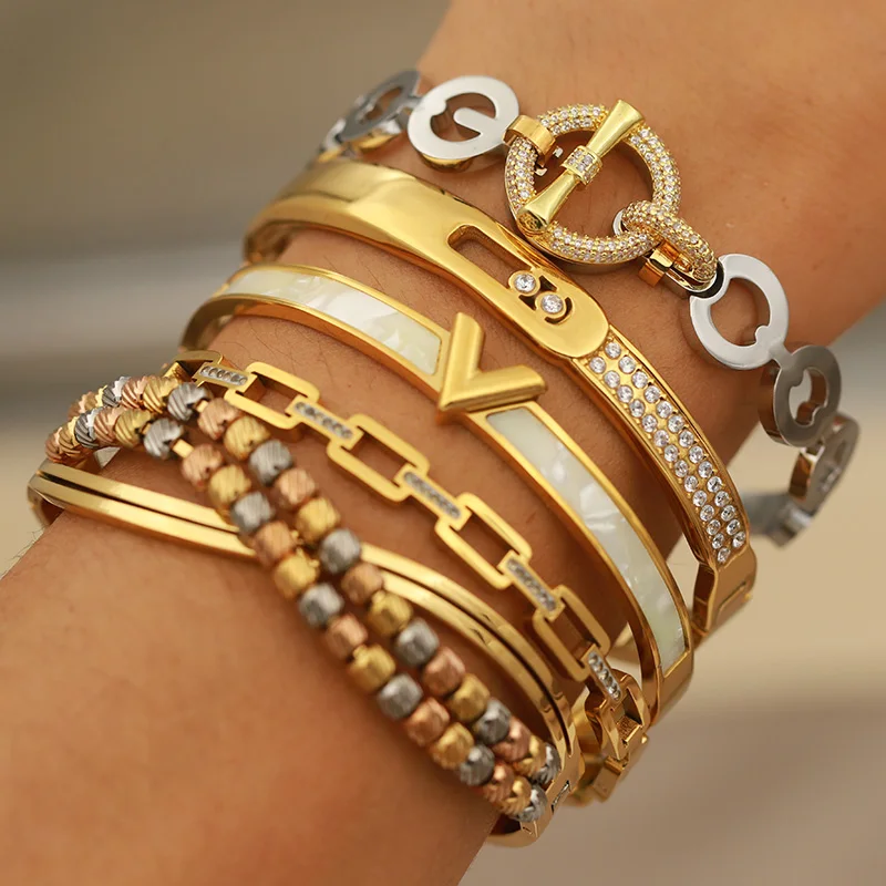 Stainless Steel Crystal Beads 18K PVD Plated Bracelets for Women Fashion Brand Jewelry Classic Elegant Hollow Golden Bangle