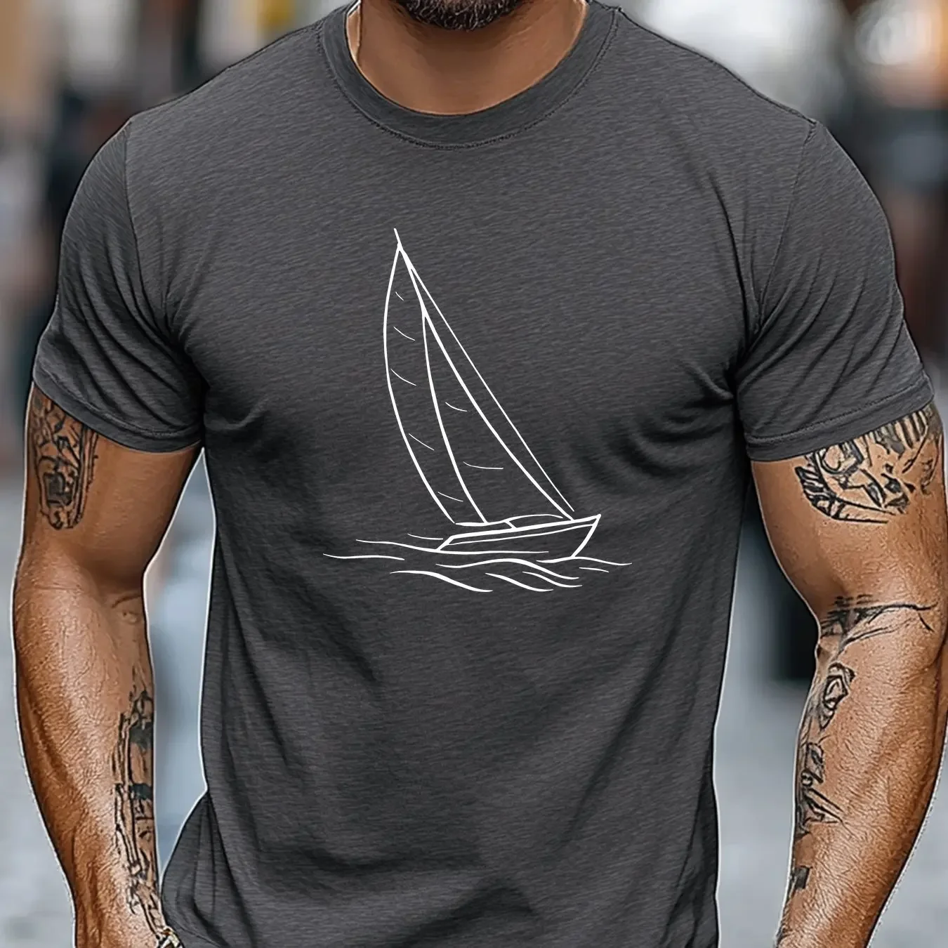 Men's 100% Cotton T-shirt Casual Loose Fit Minimalist Sailboat Pattern Summer Crew Neck Short Sleeve T-shirt