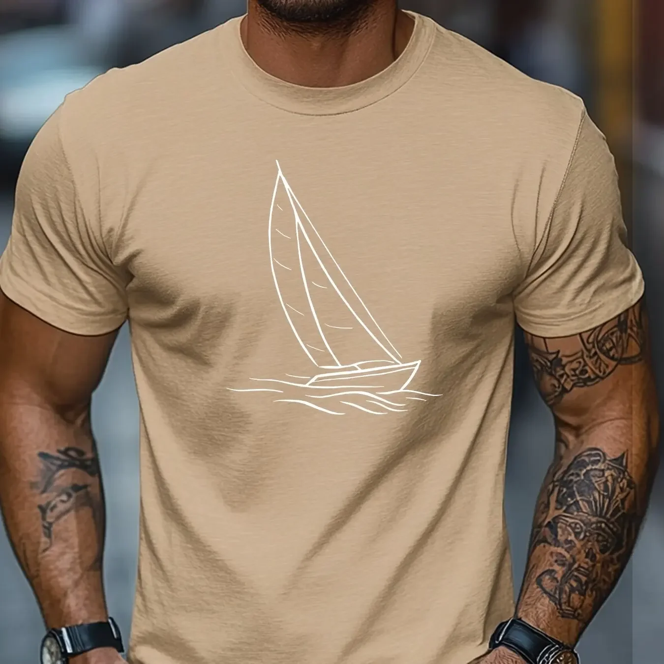 Men's 100% Cotton T-shirt Casual Loose Fit Minimalist Sailboat Pattern Summer Crew Neck Short Sleeve T-shirt