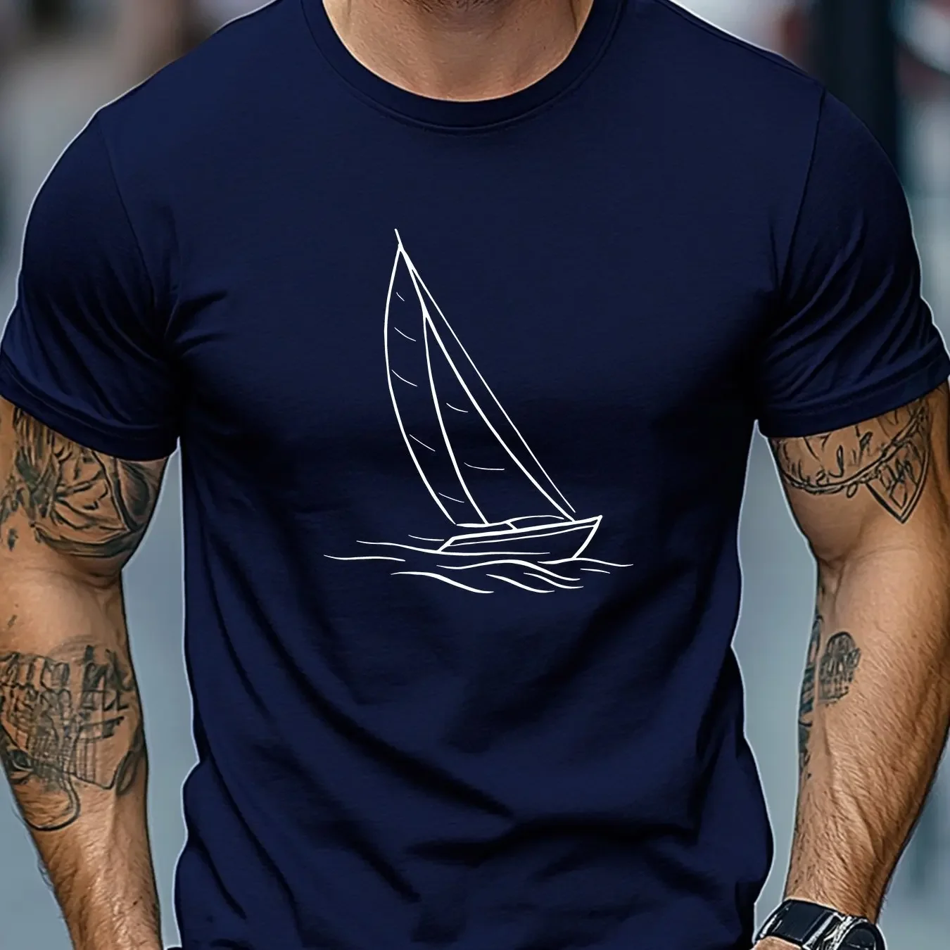 Men's 100% Cotton T-shirt Casual Loose Fit Minimalist Sailboat Pattern Summer Crew Neck Short Sleeve T-shirt