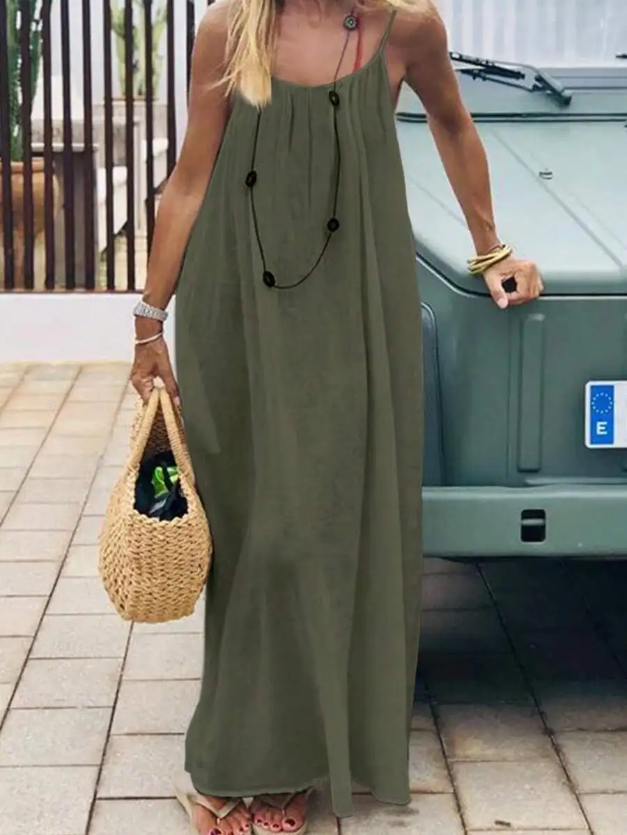 2026 New European & American Cross‑border Women’s Wear, Solid Color Loose Casual Versatile Slip Backless Maxi Dress