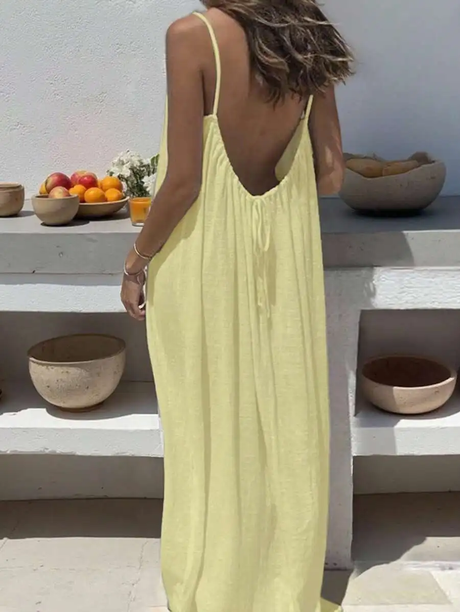 2026 New European & American Cross‑border Women’s Wear, Solid Color Loose Casual Versatile Slip Backless Maxi Dress