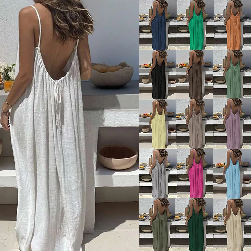 2026 New European & American Cross‑border Women’s Wear, Solid Color Loose Casual Versatile Slip Backless Maxi Dress