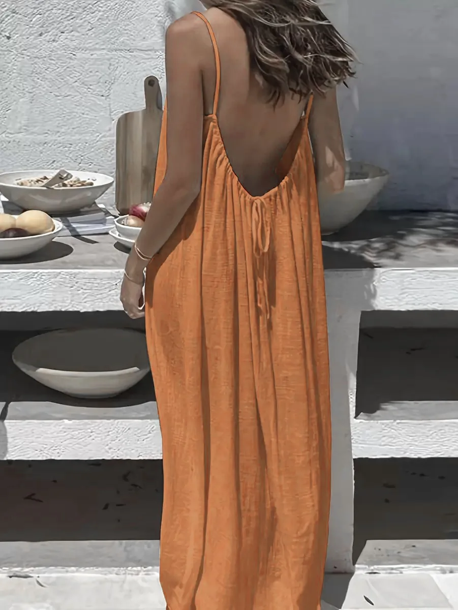 2026 New European & American Cross‑border Women’s Wear, Solid Color Loose Casual Versatile Slip Backless Maxi Dress