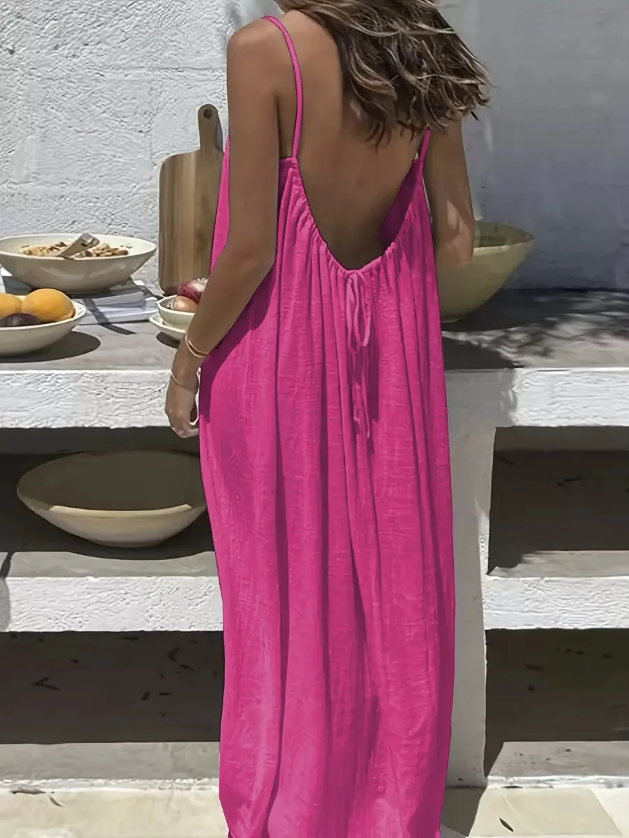 2026 New European & American Cross‑border Women’s Wear, Solid Color Loose Casual Versatile Slip Backless Maxi Dress