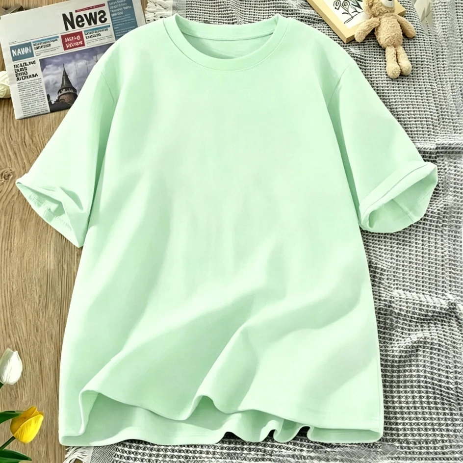 Korean Style Solid Color Cotton Women's T-Shirts Breathable T Shirt O-Neck Summer Short Sleeves Loose Y2K Vacation Clothing