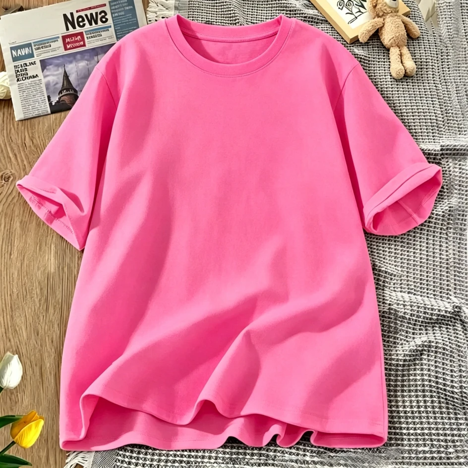 Korean Style Solid Color Cotton Women's T-Shirts Breathable T Shirt O-Neck Summer Short Sleeves Loose Y2K Vacation Clothing