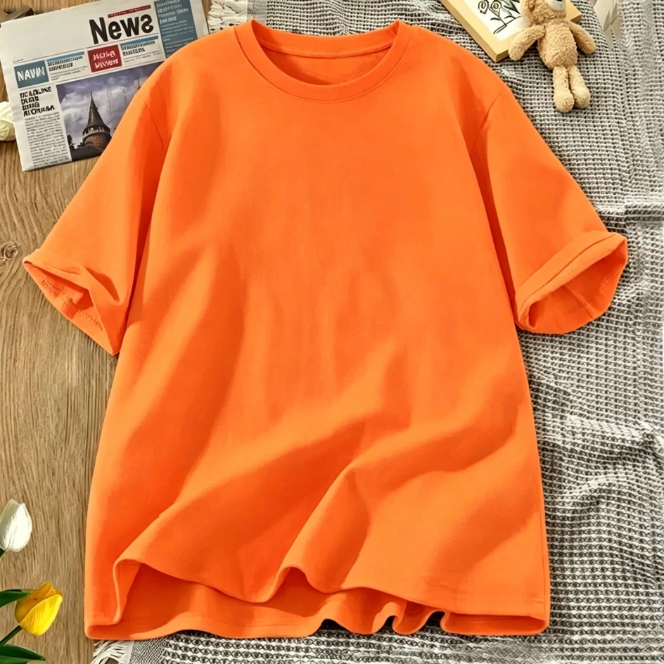 Korean Style Solid Color Cotton Women's T-Shirts Breathable T Shirt O-Neck Summer Short Sleeves Loose Y2K Vacation Clothing