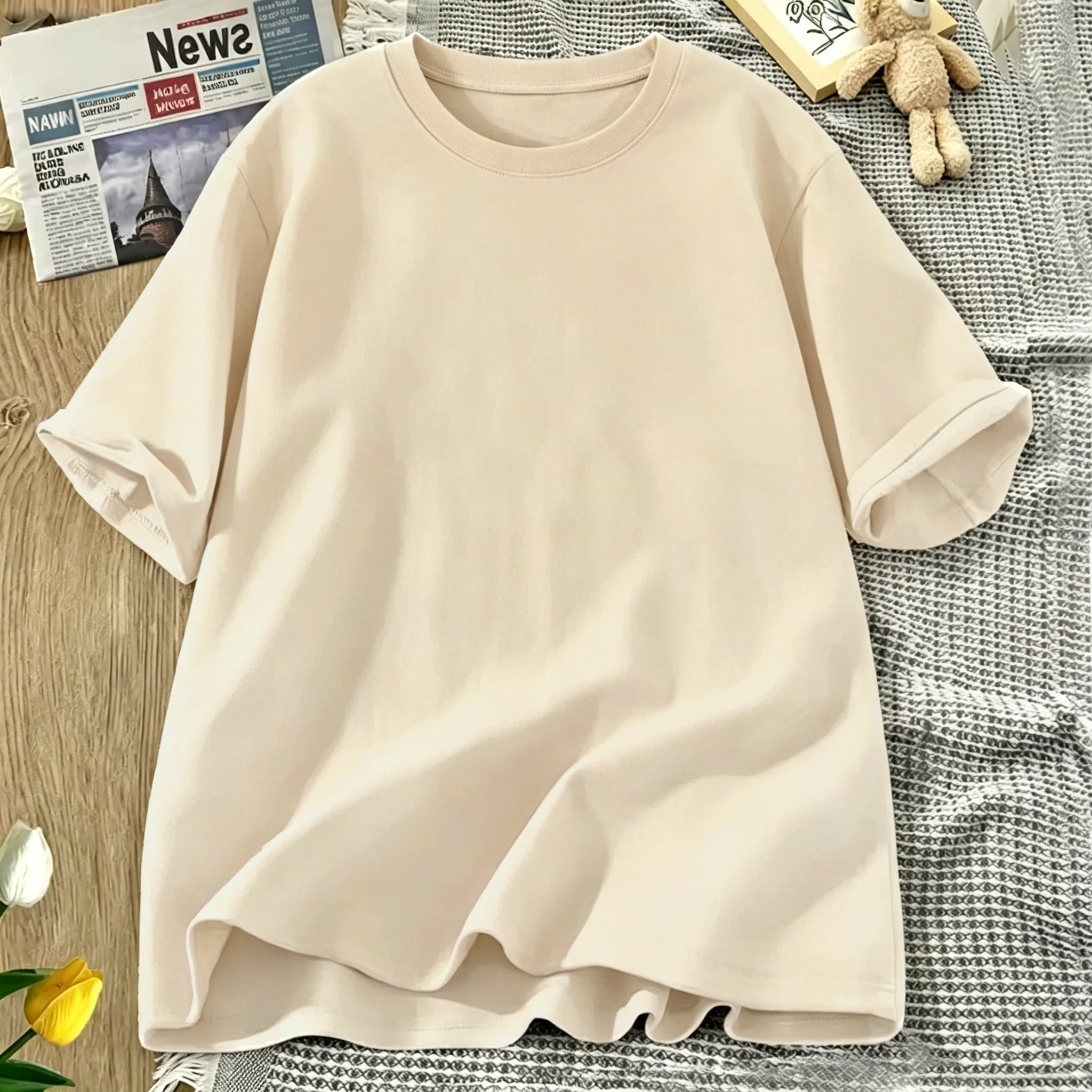 Korean Style Solid Color Cotton Women's T-Shirts Breathable T Shirt O-Neck Summer Short Sleeves Loose Y2K Vacation Clothing