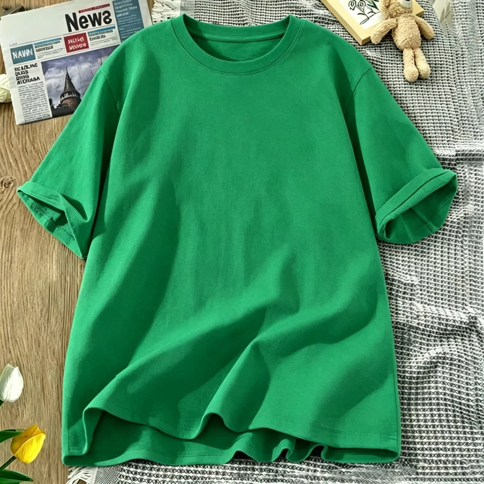 Korean Style Solid Color Cotton Women's T-Shirts Breathable T Shirt O-Neck Summer Short Sleeves Loose Y2K Vacation Clothing