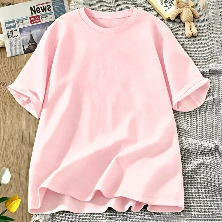Korean Style Solid Color Cotton Women's T-Shirts Breathable T Shirt O-Neck Summer Short Sleeves Loose Y2K Vacation Clothing