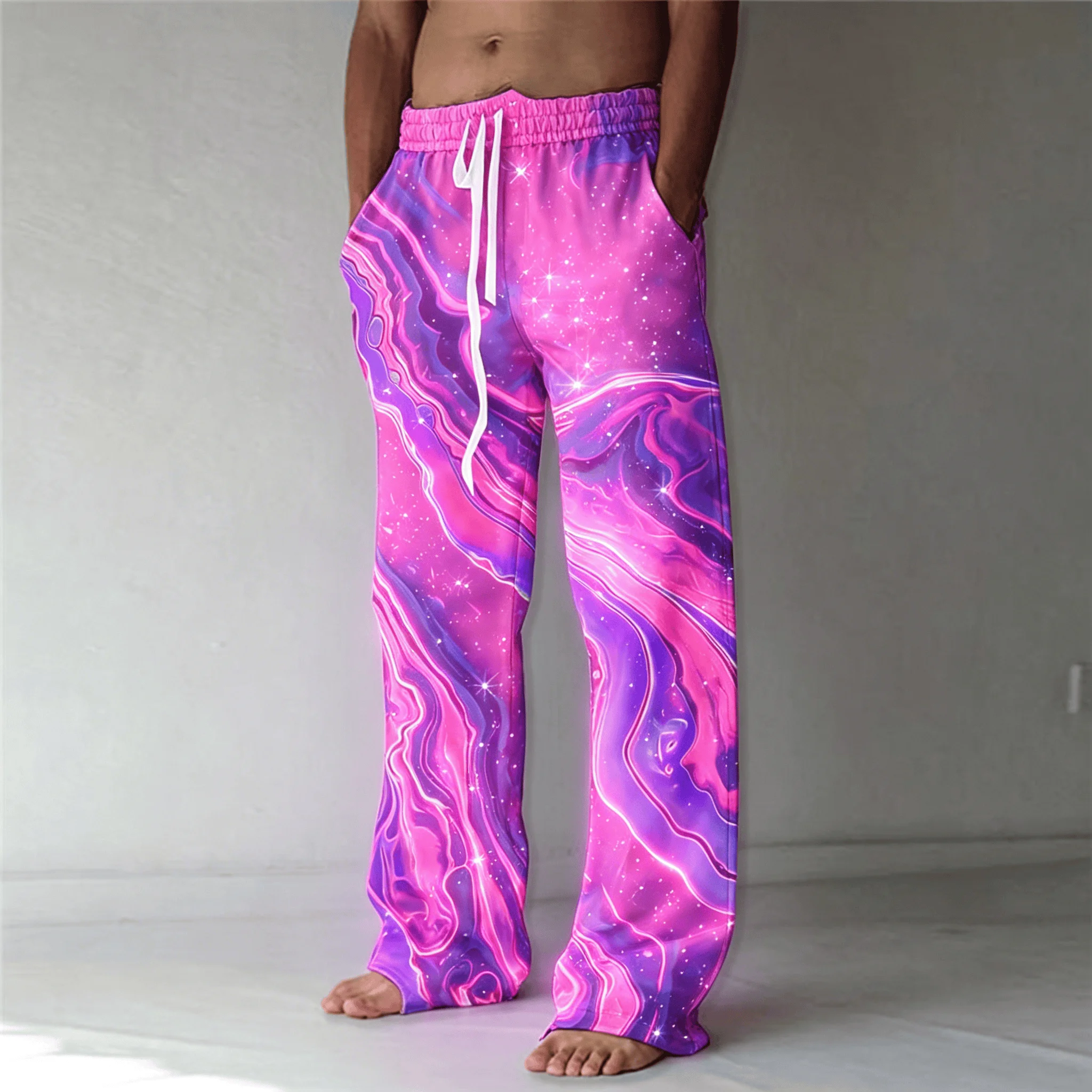 Men's Lava Galaxy Flame Print Drawstring Wide Leg Pants, Psychedelic Straight Pants for Spring & Summer