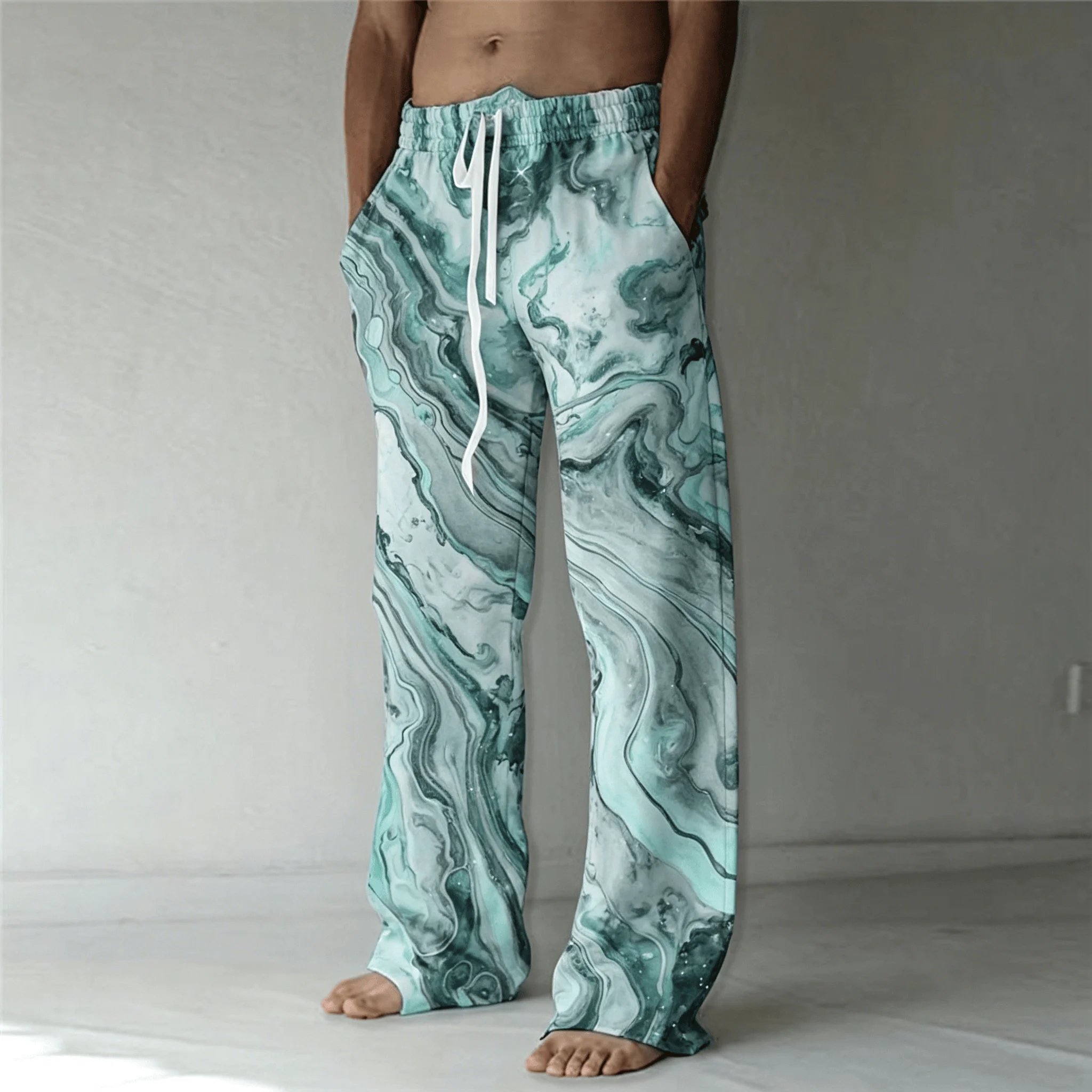 Men's Lava Galaxy Flame Print Drawstring Wide Leg Pants, Psychedelic Straight Pants for Spring & Summer