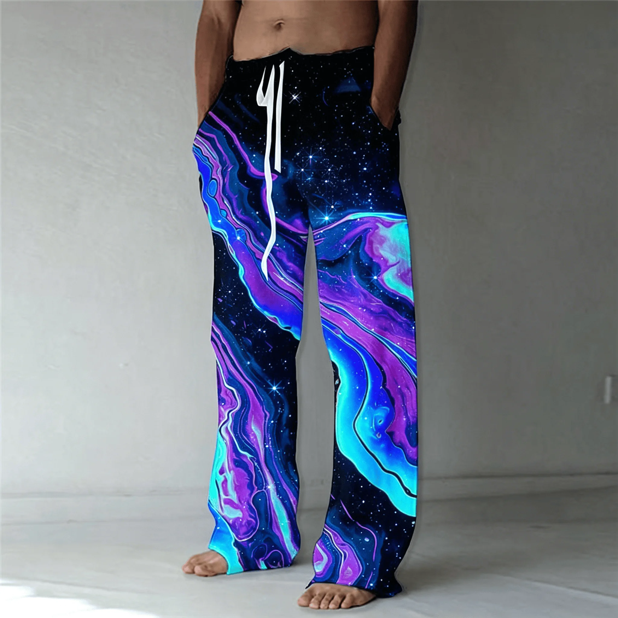 Men's Lava Galaxy Flame Print Drawstring Wide Leg Pants, Psychedelic Straight Pants for Spring & Summer