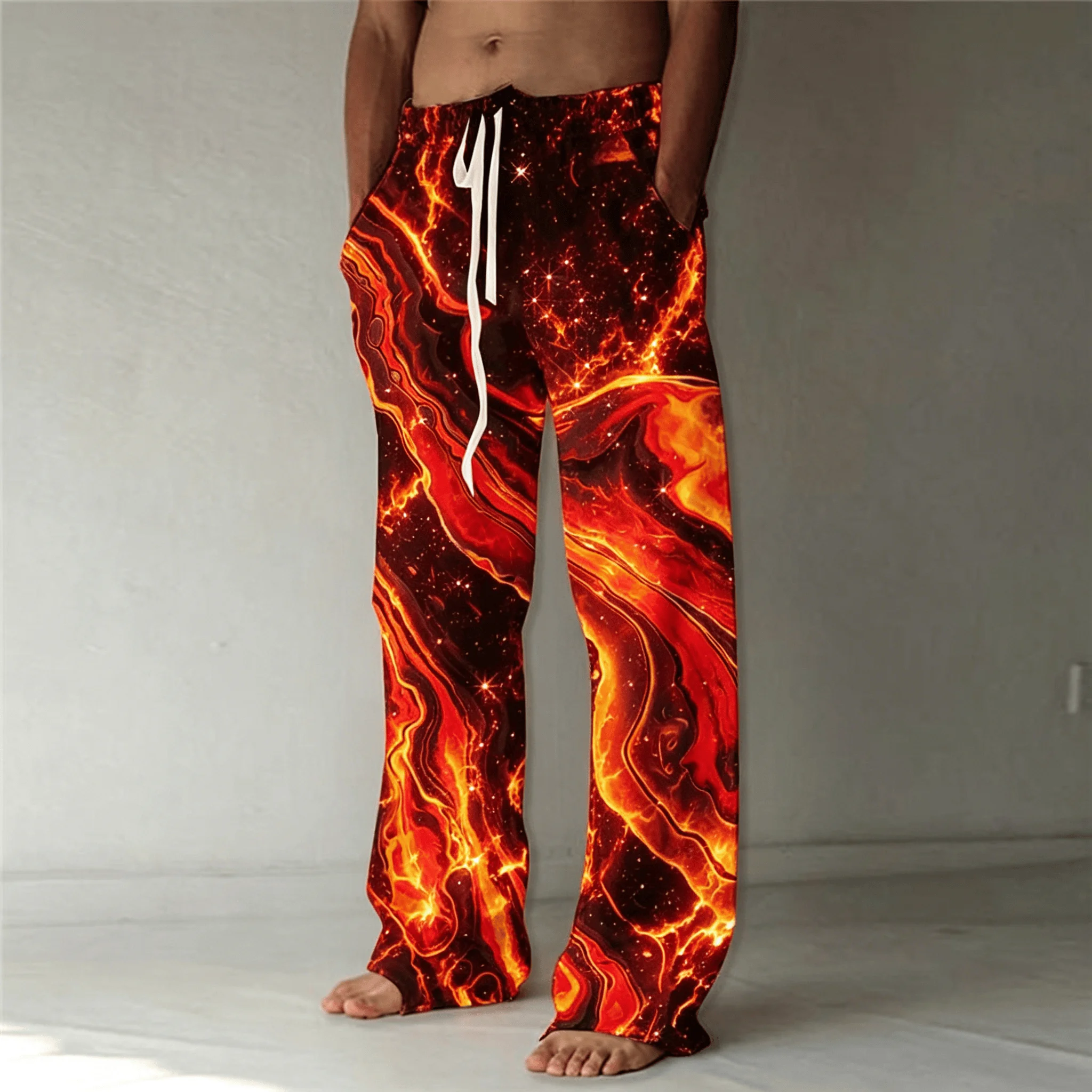 Men's Lava Galaxy Flame Print Drawstring Wide Leg Pants, Psychedelic Straight Pants for Spring & Summer