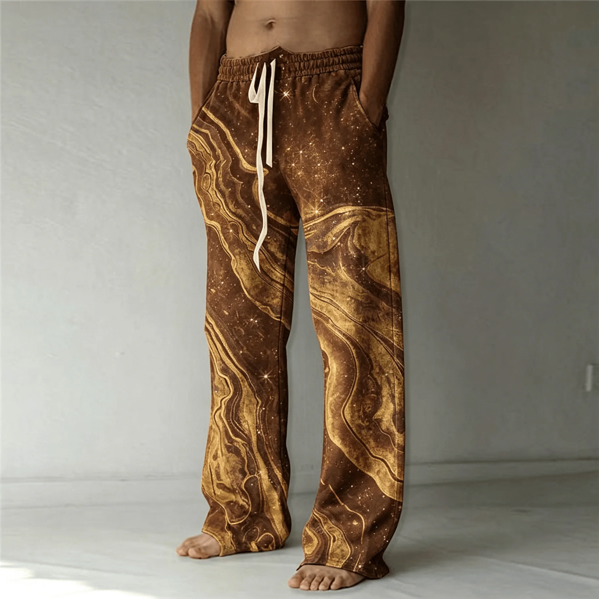 Men's Lava Galaxy Flame Print Drawstring Wide Leg Pants, Psychedelic Straight Pants for Spring & Summer