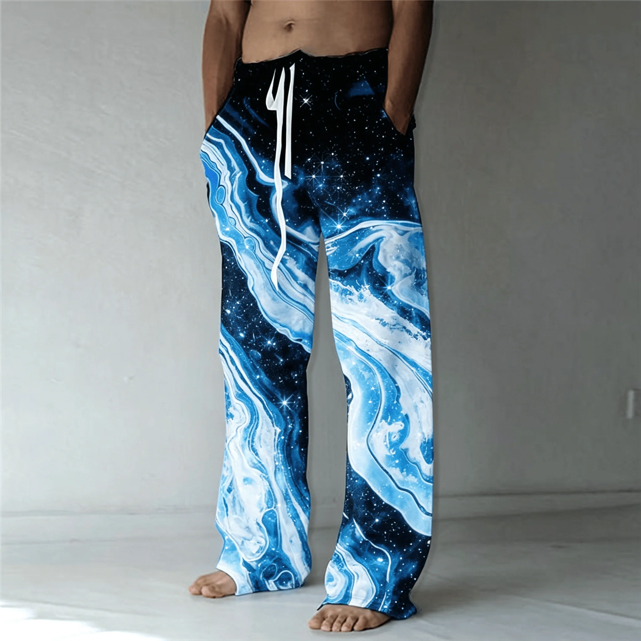 Men's Lava Galaxy Flame Print Drawstring Wide Leg Pants, Psychedelic Straight Pants for Spring & Summer