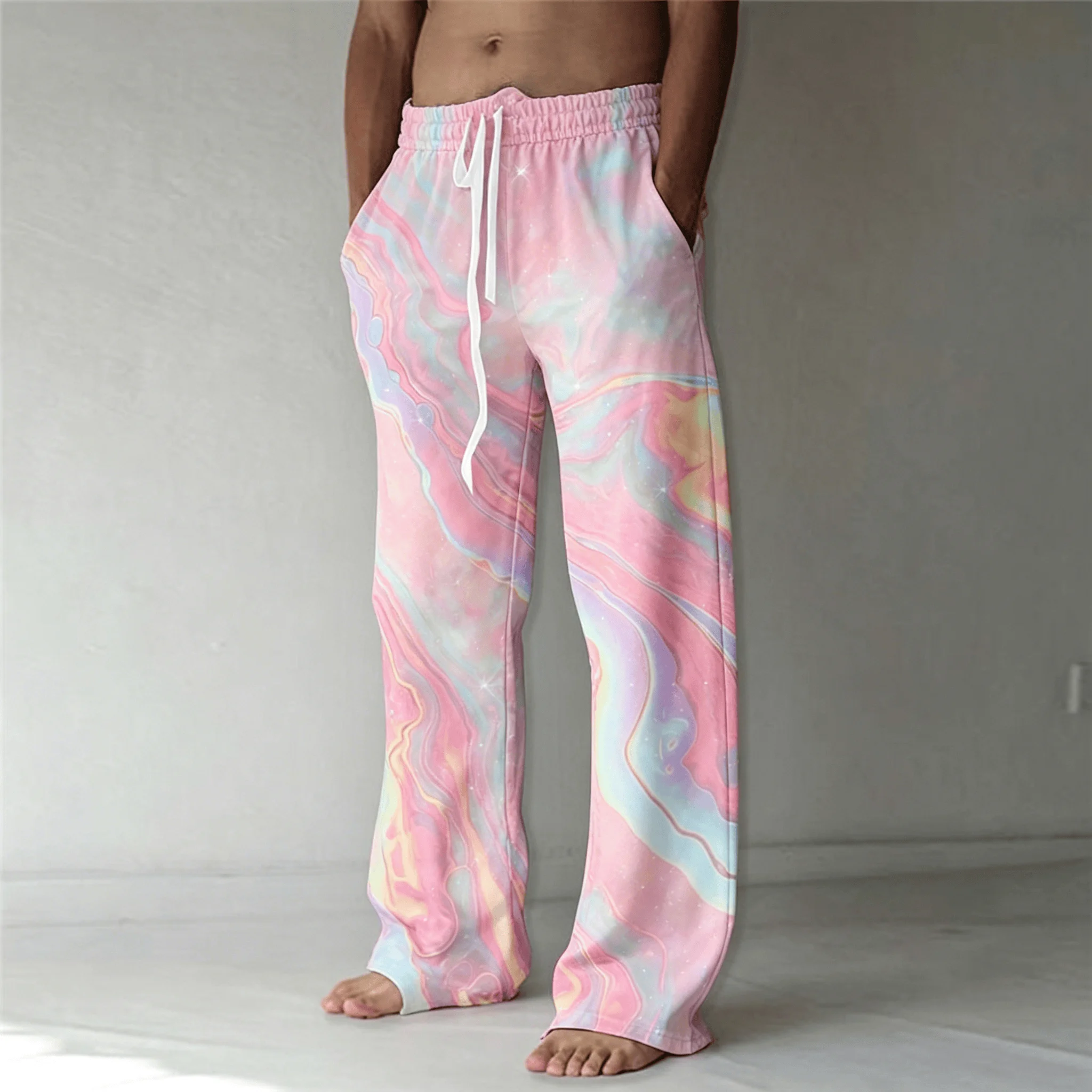 Men's Lava Galaxy Flame Print Drawstring Wide Leg Pants, Psychedelic Straight Pants for Spring & Summer