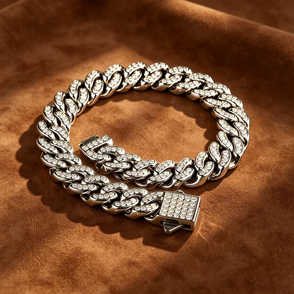 High quality 6-8mm stainless steel full diamond multi specification Cuban chain waterproof men's and women's bracelet