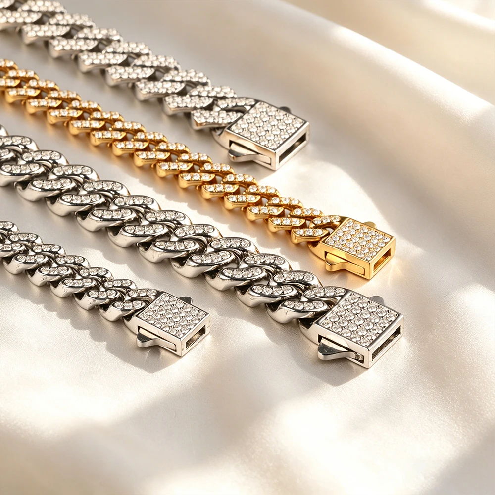 High quality 6-8mm stainless steel full diamond multi specification Cuban chain waterproof men's and women's bracelet