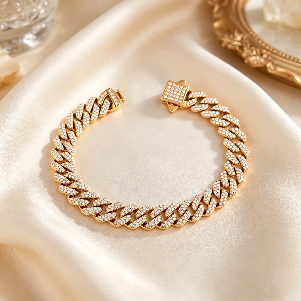High quality 6-8mm stainless steel full diamond multi specification Cuban chain waterproof men's and women's bracelet