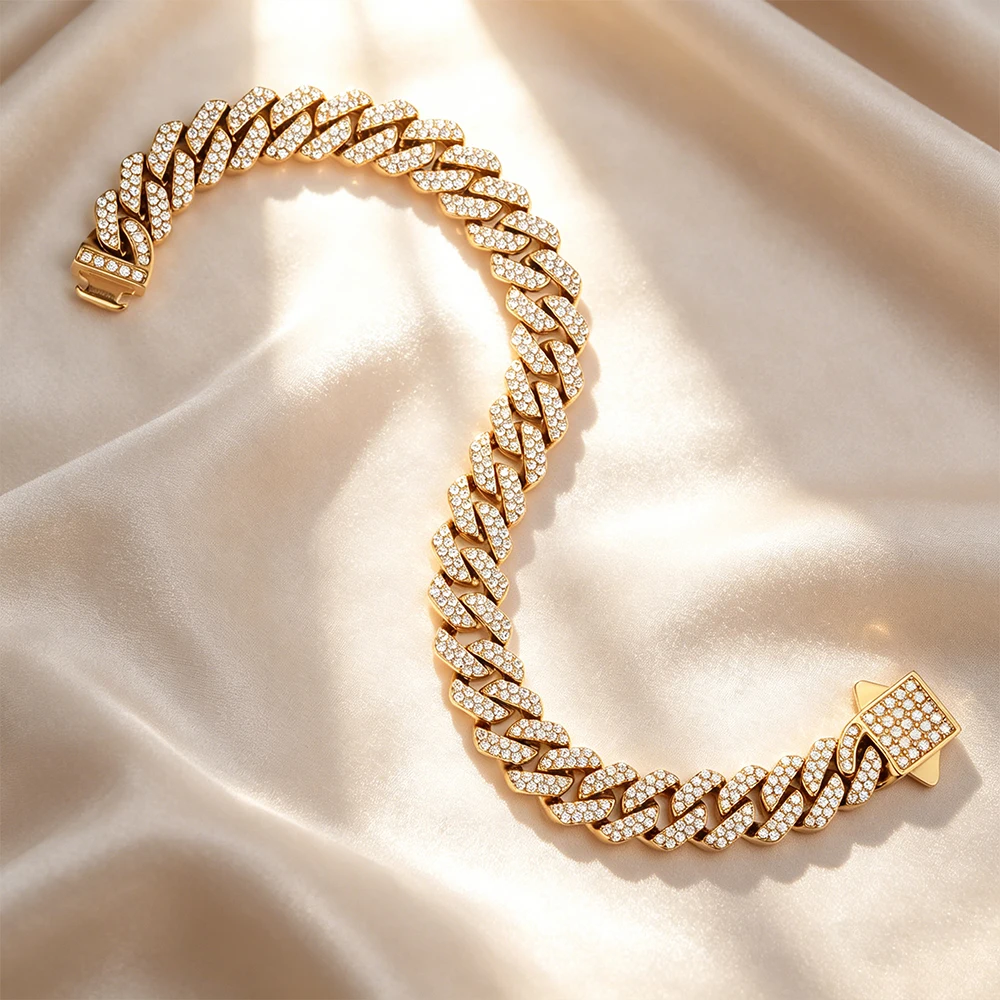 High quality 6-8mm stainless steel full diamond multi specification Cuban chain waterproof men's and women's bracelet