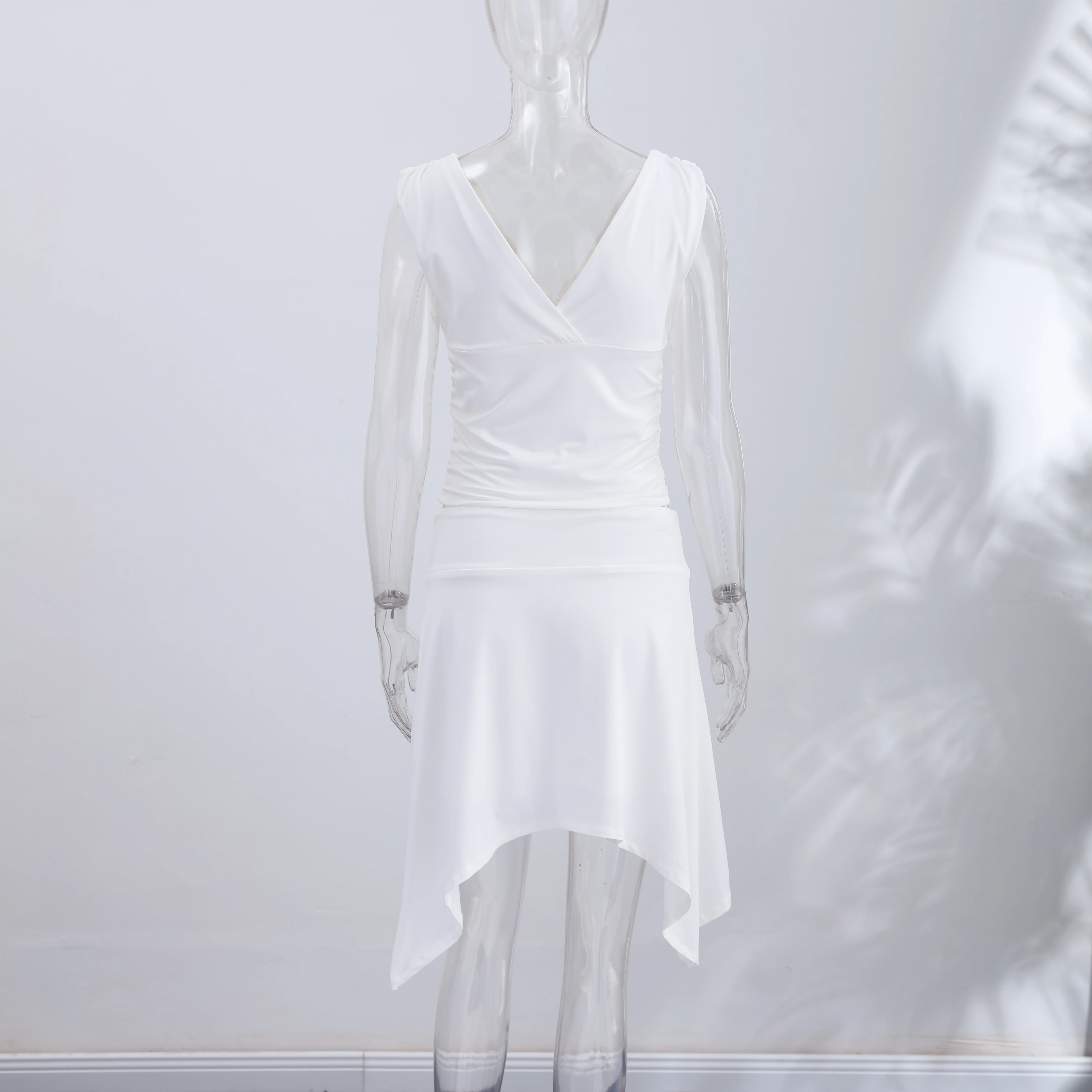 Women's 2-piece White Ruched Sleeveless V-neck Top And Irregular Midi Skirt Set Elegant Casual Party Summer Vacation Outfit