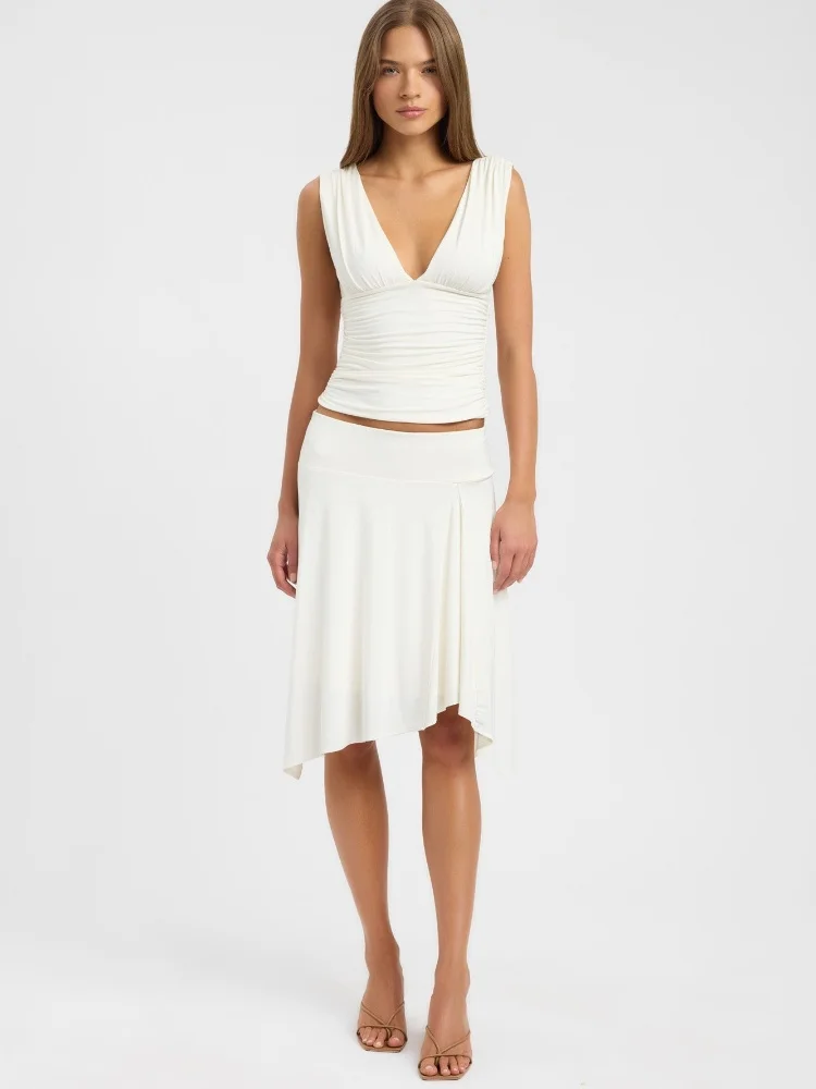 Women's 2-piece White Ruched Sleeveless V-neck Top And Irregular Midi Skirt Set Elegant Casual Party Summer Vacation Outfit