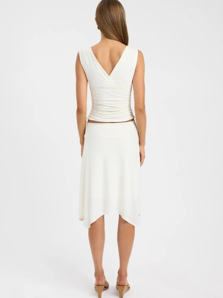 Women's 2-piece White Ruched Sleeveless V-neck Top And Irregular Midi Skirt Set Elegant Casual Party Summer Vacation Outfit