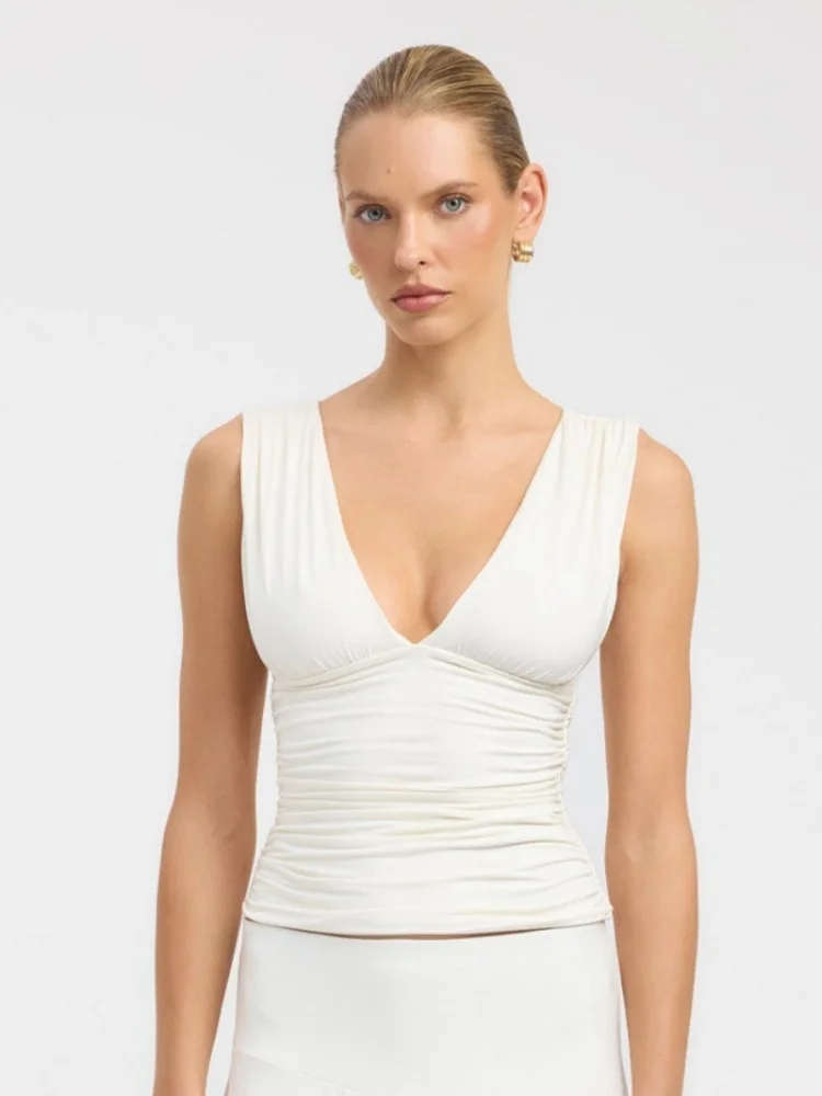 Women's 2-piece White Ruched Sleeveless V-neck Top And Irregular Midi Skirt Set Elegant Casual Party Summer Vacation Outfit