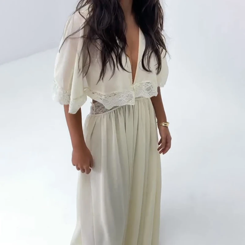 Elegant Short Sleeve Hollow Out Maxi Dresses Fashion Lace Patchwork Women Chiffon Dress 2026 Summer New Lady V Neck Long Robes