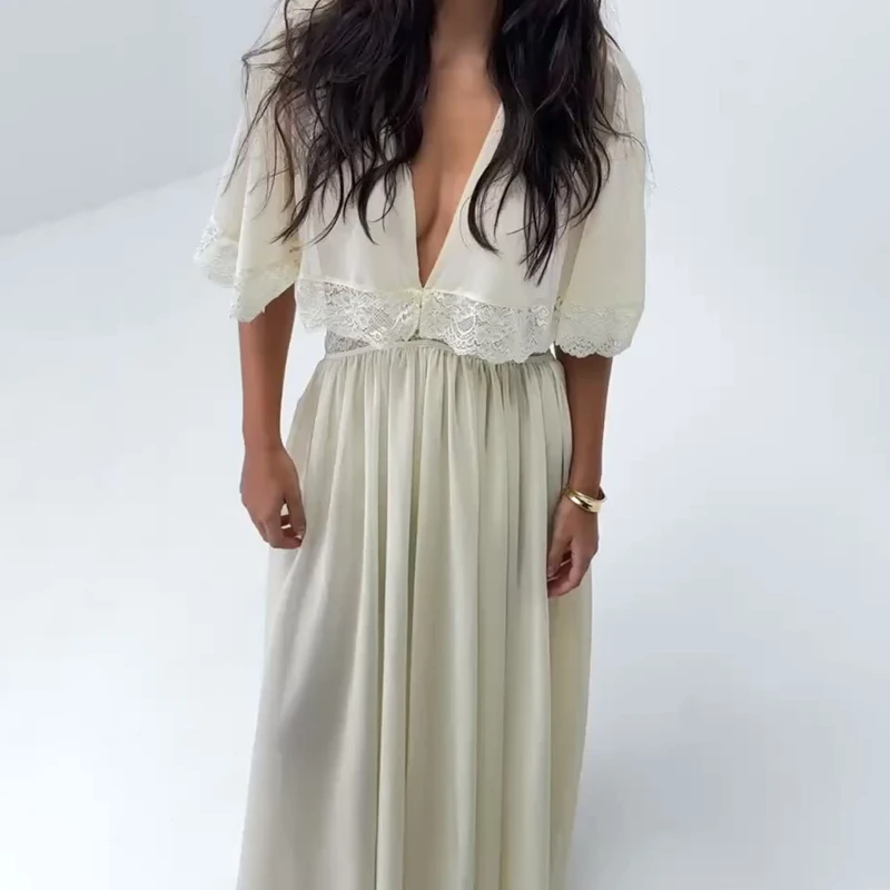 Elegant Short Sleeve Hollow Out Maxi Dresses Fashion Lace Patchwork Women Chiffon Dress 2026 Summer New Lady V Neck Long Robes