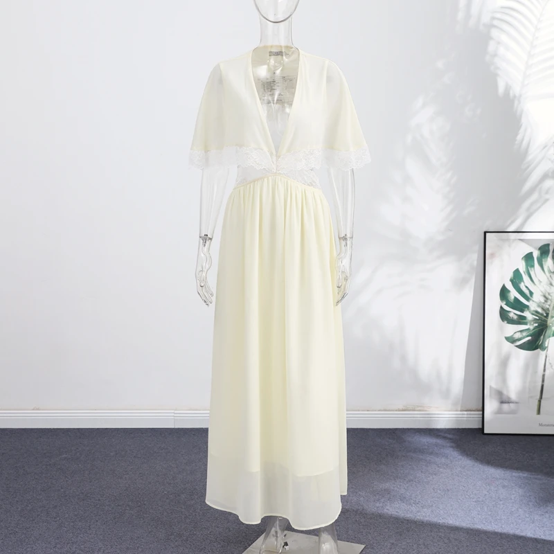 Elegant Short Sleeve Hollow Out Maxi Dresses Fashion Lace Patchwork Women Chiffon Dress 2026 Summer New Lady V Neck Long Robes
