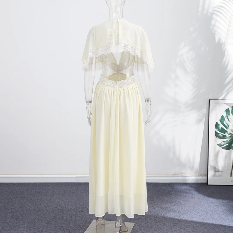 Elegant Short Sleeve Hollow Out Maxi Dresses Fashion Lace Patchwork Women Chiffon Dress 2026 Summer New Lady V Neck Long Robes