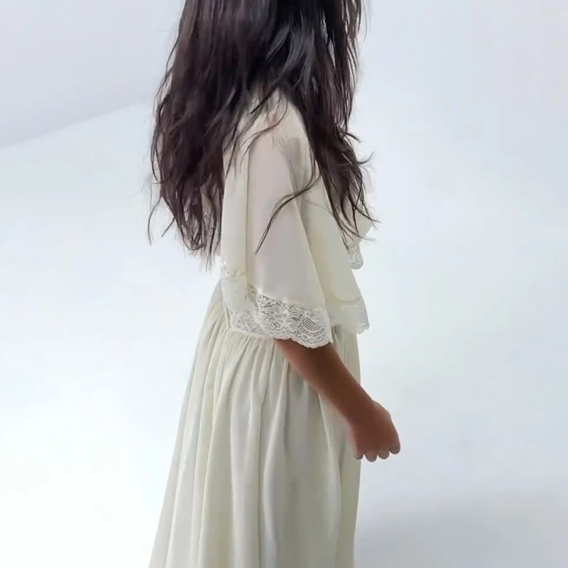 Elegant Short Sleeve Hollow Out Maxi Dresses Fashion Lace Patchwork Women Chiffon Dress 2026 Summer New Lady V Neck Long Robes